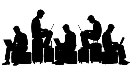 Black Solid Engineer Suitcase Laptop Silhouettes Set of Six on White Background isolated on plain white background.のイラスト素材