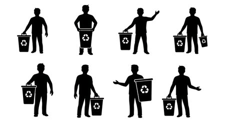 Black Solid Developers Holding Recycling Bin Set of Six on White Background isolated on plain white background.のイラスト素材