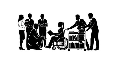 Black Solid Librarians Accessibility Interaction Silhouettes Set of Six on White Background isolated on plain white background.のイラスト素材