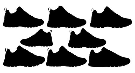 Black Solid Generic Sport Trainer Silhouettes Set of Six on White Background isolated on plain white background.のイラスト素材
