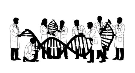 Black Solid Geneticist DNA Model Silhouettes Set of Six on White Background isolated on plain white background.のイラスト素材