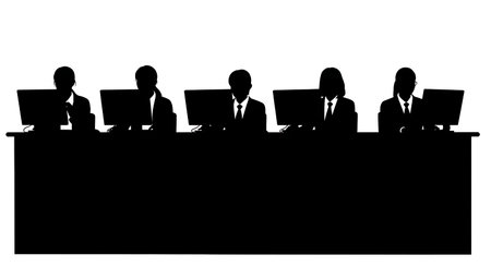 Black Solid Librarians At Circulation Desk Silhouettes Set of Six on White Background isolated on plain white background.のイラスト素材