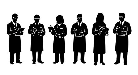 Black Solid Lab Worker Clipboard Data Silhouettes Set of Six on White Background isolated on plain white background.のイラスト素材
