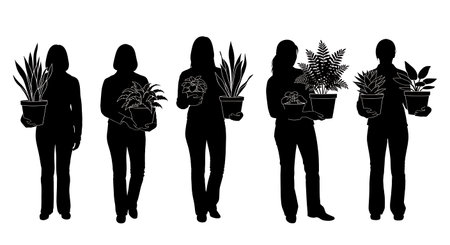 Black Solid Librarians Carrying Plant Silhouettes Set of Six on White Background isolated on plain white background.のイラスト素材