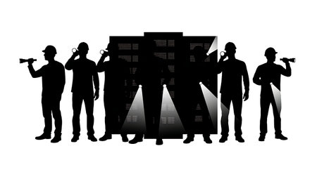 Black Solid Developers Holding Flashlight Set of Six on White Background isolated on plain white background.のイラスト素材