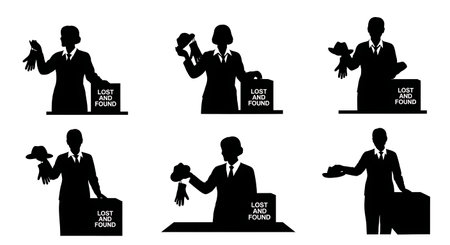 Black Solid Librarians Holding Lost Item Silhouettes Set of Six on White Background isolated on plain white background.のイラスト素材