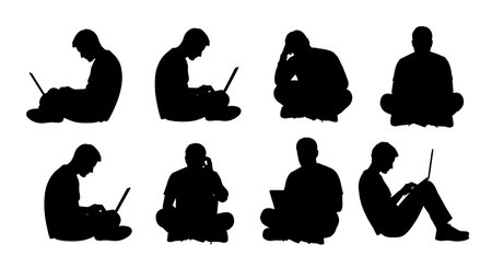 Black Solid Developers Laptop On Lap Set of Six on White Background isolated on plain white background.のイラスト素材