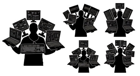 Black Solid Developers Holding Multiple Laptops Set of Six on White Background isolated on plain white background.のイラスト素材
