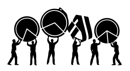 Black Solid Analyst Silhouettes Holding Giant Medal Set of Six on White Background isolated on plain...