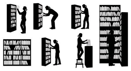 Black Solid Librarians Organizing Media Silhouettes Set of Six on White Background isolated on plain white background.のイラスト素材