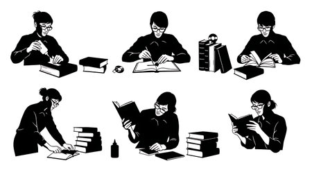 Black Solid Librarians Repairing Books Silhouettes Set of Six on White Background isolated on plain white background.のイラスト素材