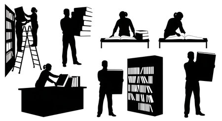 Black Solid Librarians Shelving Oversized Books Silhouettes Set of Six on White Background isolated on plain white background.のイラスト素材