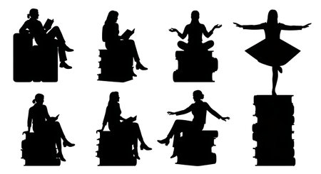 Black Solid Librarians Sitting On Books Silhouettes Set of Six on White Background isolated on plain white background.のイラスト素材