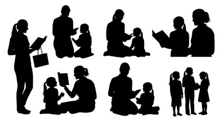 Black Solid Librarians Storytelling Reading Silhouettes Set of Six on White Background isolated on plain white background.のイラスト素材