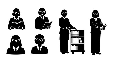 Black Solid Librarians Wearing Glasses Silhouettes Set of Six on White Background isolated on plain white background.のイラスト素材