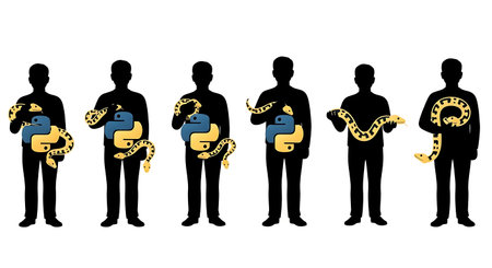 Black Solid Programmer Holding Python Silhouettes Set of Six on White Background isolated on plain...