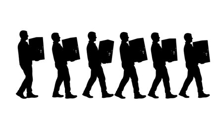 Black Solid Programmer Carrying PC Silhouettes Set of Six on White Background isolated on plain white background.のイラスト素材