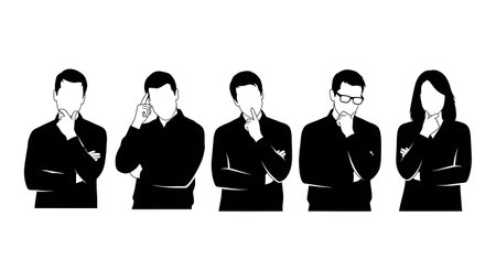 Black Solid Researcher Thinking Poses Silhouettes Set of Six on White Background isolated on plain...