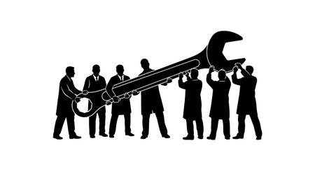 Black Solid Scientist Holding Wrench Silhouettes Set of Six on White Background isolated on plain white background.のイラスト素材