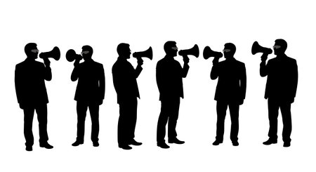 Black Solid Researcher Megaphone Shout Silhouettes Set of Six on White Background isolated on plain white background.のイラスト素材