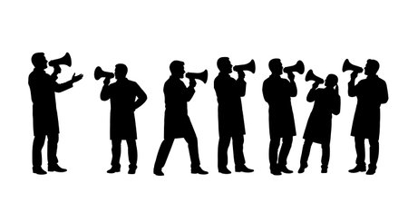 Black Solid Scientist Megaphone Speak Silhouettes Set of Six on White Background isolated on plain white background.のイラスト素材
