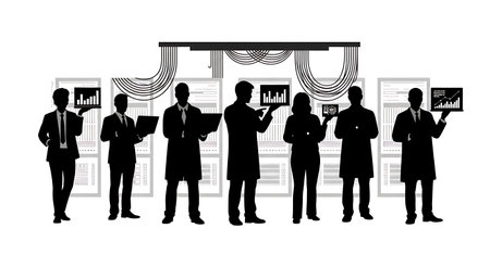 Black Solid Scientist Server Room Silhouettes Set of Six on White Background isolated on plain white background.のイラスト素材