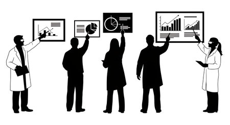 Black Solid Scientist Presentation Poses Silhouettes Set of Six on White Background isolated on plain white background.のイラスト素材