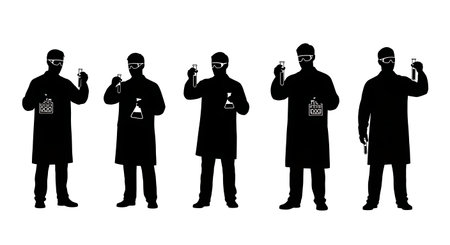 Black Solid Scientist Test Tube Poses Silhouettes Set of Six on White Background isolated on plain white background.のイラスト素材