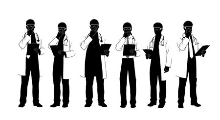 Black Solid Scientist Silhouettes Clipboards Covering Mouth Set of Six on White Background isolated on plain white background.のイラスト素材