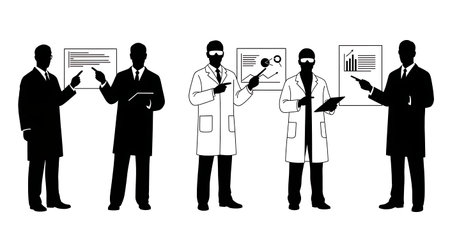 Black Solid Scientist Presentation Poses Silhouettes Set of Six on White Background isolated on plain white background.のイラスト素材