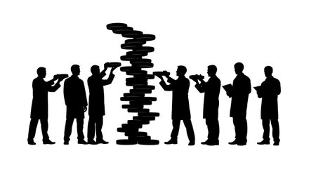 Black Solid Scientist Stack Petri Silhouettes Set of Six on White Background isolated on plain white background.のイラスト素材