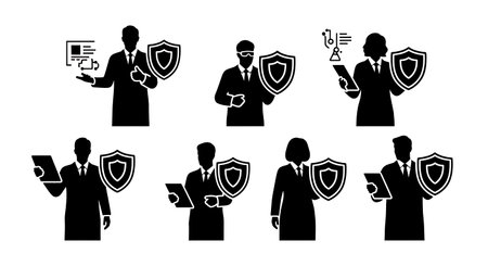 Black Solid Scientist Shield Privacy Silhouettes Set of Six on White Background isolated on plain white background.のイラスト素材