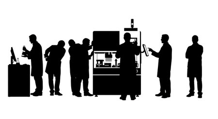 Black Solid Scientist Robot Handler Silhouettes Set of Six on White Background isolated on plain white background.のイラスト素材