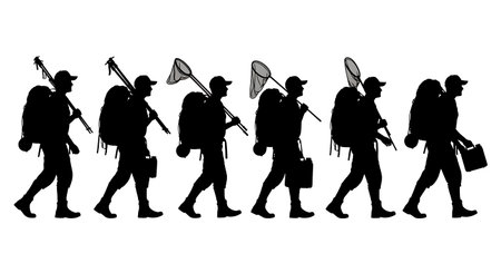 Black Solid Scientist Silhouettes Carrying Backpack Field Gear Set of Six on White Background isolated on plain white background.のイラスト素材