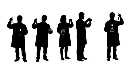 Black Solid Scientist Test Tube Poses Silhouettes Set of Six on White Background isolated on plain white background.のイラスト素材