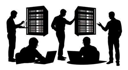 Black Solid Scientist Silhouettes Discussing Collaborating Set of Six on White Background isolated on plain white background.のイラスト素材