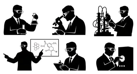 Black Solid Scientist Silhouettes With Safety Goggles Set of Six on White Background isolated on...
