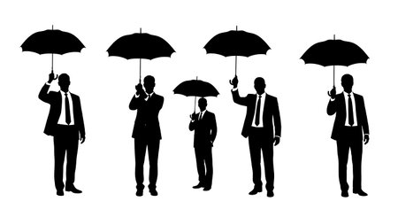 Black Solid Accountant Holding Umbrella Silhouettes Set of Six isolated on plain white background.のイラスト素材