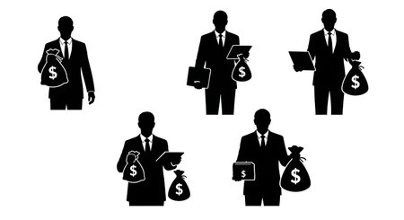 Black Solid Accountant Money Bag Silhouettes Set of Six isolated on plain white background.のイラスト素材