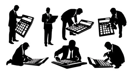 Black Solid Analyst Using Calculator Silhouettes Set of Six on White Background isolated on plain white background.のイラスト素材