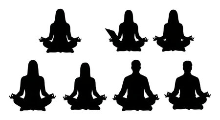 Black Solid Analyst Meditating Silhouettes Set of Six on White Background isolated on plain white background.のイラスト素材