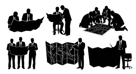 Black Solid Analyst Studying Map Silhouettes Set of Six on White Background isolated on plain white background.のイラスト素材