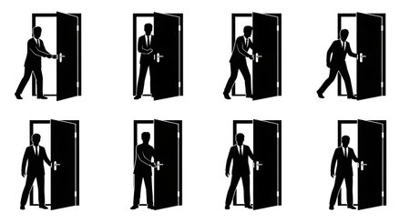 Black Solid Analyst Opening Door Silhouettes Set of Six on White Background isolated on plain white background.のイラスト素材