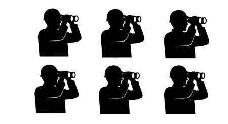 Black Solid Auditor Binoculars Silhouettes Set of Six on White Background isolated on plain white background.のイラスト素材