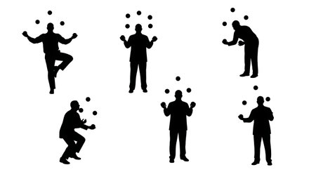 Black Solid Analyst Juggling Balls Silhouettes Set of Six on White Background isolated on plain white background.のイラスト素材