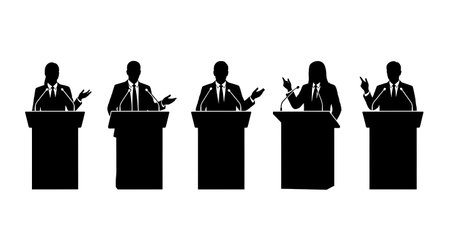 Black Solid Analyst Podium Speech Silhouettes Set of Six on White Background isolated on plain white background.のイラスト素材