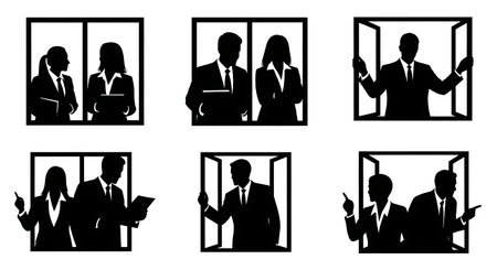 Black Solid Analyst Looking Window Silhouettes Set of Six on White Background isolated on plain white background.のイラスト素材