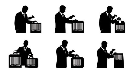 Black Solid Auditor Barcode Scan Silhouettes Set of Six on White Background isolated on plain white background.のイラスト素材