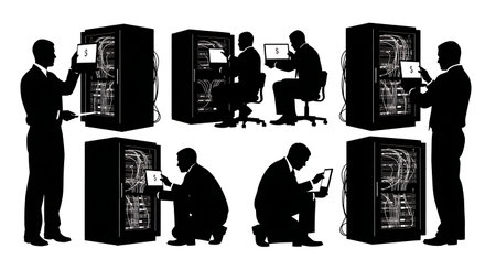 Black Solid Analyst Server Rack Silhouettes Set of Six on White Background isolated on plain white background.のイラスト素材