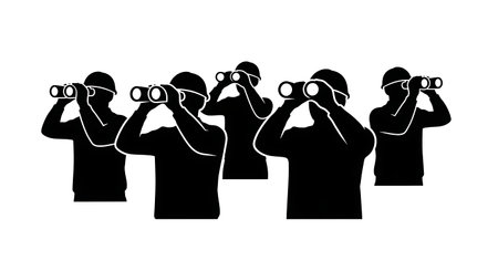 Black Solid Auditor Binoculars Silhouettes Set of Six on White Background isolated on plain white background.のイラスト素材